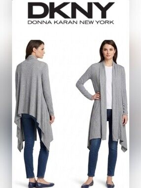 DKNY Cozy Gray Cashmere Silk Open Front Long Cardigan Wrap Duster Sweater P S